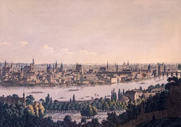 Oude en Nieuwe Steden van Praag (gekleurde ets)